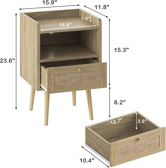 MECHYIN Night Stand with Charging Station & Rattan Decor Drawer, Boho Bedside End Table with Solid Wood Feet, Bed Side Table with Open Storage for Farmhouse Bedroom Living Room Dorm - Natural