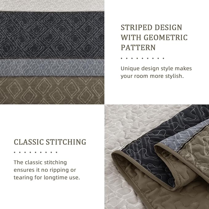 Cottolester Boho Quilt Set King,Black Taupe Striped Plaid Coverlet Set | Lightweight Bedspreads with 2 Pillow Shams,Soft Microfiber,All Season Bed Coverlets for Bedroom Guest Room 110"x90"