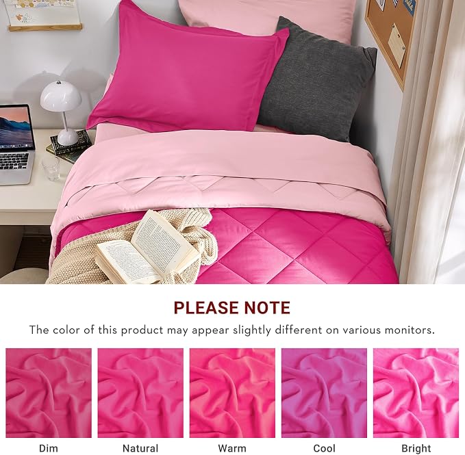 5 Pieces Twin XL Comforter Set, Reversible Bed in a Bag Twin XL Size, All Season Bedding Set with Comforter, Flat Sheet, Fitted Sheet, Pillowcases & Shams, Hot Pink & Baby Pink