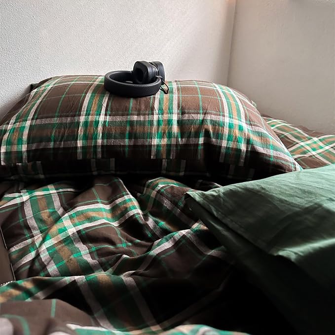 LifeTB Brown Green Plaid Comforter Set Twin XL, Modern Style 3 Pieces Grid Comforter with 2 Pillowcases, Vintage Plaid Checkered Comforter for All Seasons, Breathable Soft Fluffy Gingham Bedding Set