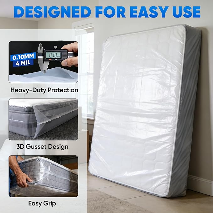 TICONN 2PK Plastic Mattress Bag for Moving Storage, Waterproof Mattress Protector Cover, Heavy-Duty Mattress Moving Supplies (4 mil, Twin) (Pack of 2)