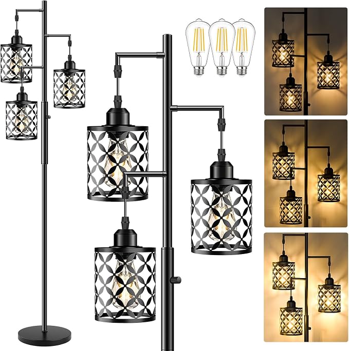 72" Industrial Tree Floor Lamp, Dimmable Farmhouse Tall Stand Light with Metal Cages & Rotary Dimmer Knob, Corner Decor Lighting for Living Room Bedroom Cafe, 3 x 800LM Bulbs Included-Black
