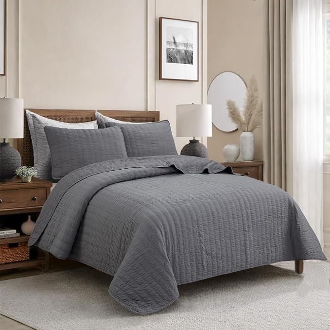 Cozy Line Home Fashions 100% Cotton 3-Piece Charcoal Gray Solid Classic Modern Quilted Bedspread with Shams, Lightweight All Season Modern Bedding (Channel Gray, Queen)