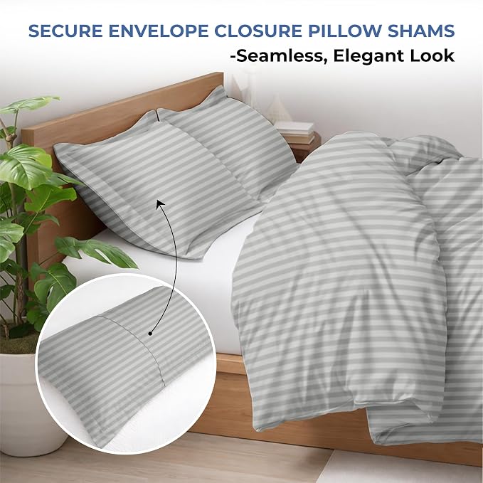 3 Pc King Size Duvet Cover Set- 100% Egyptian Cotton 600 Thread Count Ultra Soft Premium Durable Comforter Cover Zipper Closure & Corner Ties (Striped Silver, King 104"x94")