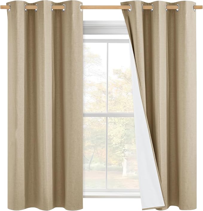 NICETOWN 100% Absolutely Blackout Linen Curtains with Thermal Insulated White Liner, Camel, 42" Wide by 45" Long, 2 Pieces, Linen Blend Window Drapes Privacy Window Treatments for Bedroom/Kids Room