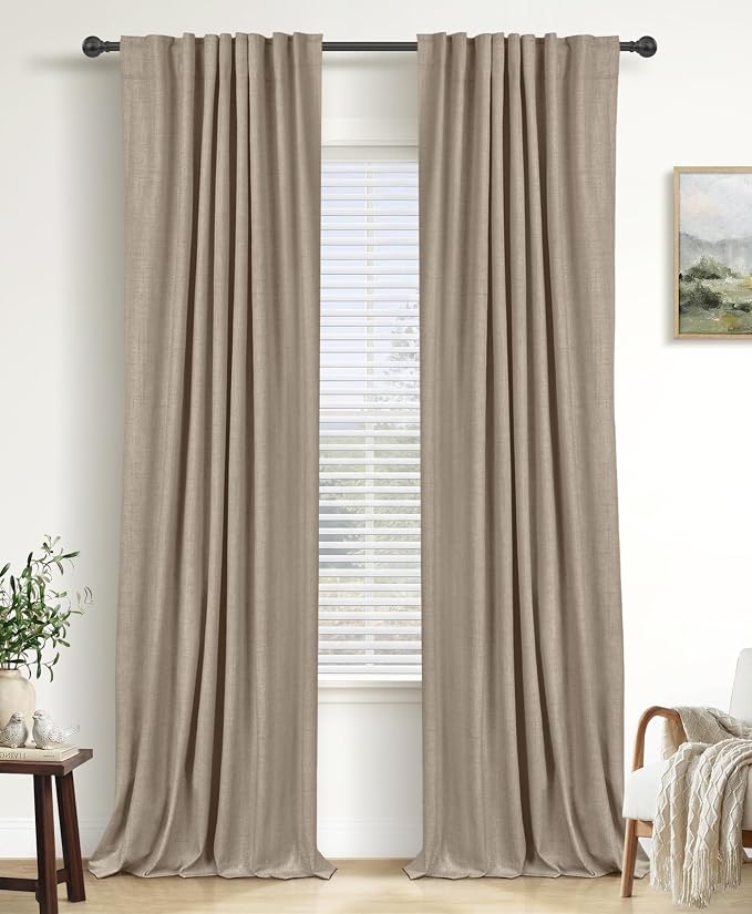 Faux Linen Total Blackout Curtains for Bedroom 84 Inch Long Burlywood Birch | 100% Blackout Shield, Back Tab/Rod Pocket Living Room Drapes, Thermal Insulated Blackout Curtains 2 Panels Set, 50"W x 84"L