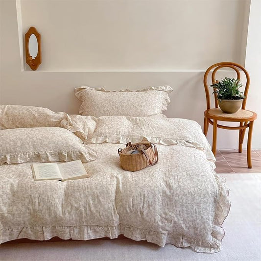 Flower Rabbit Print Duvet Cover Twin, Soft Breathable Muslin Cotton Quilt Cover 68"x86", Girls Boys Comforter Cover with Chic Ruffles, Zipper Closure, Corner Ties, All Seasons
