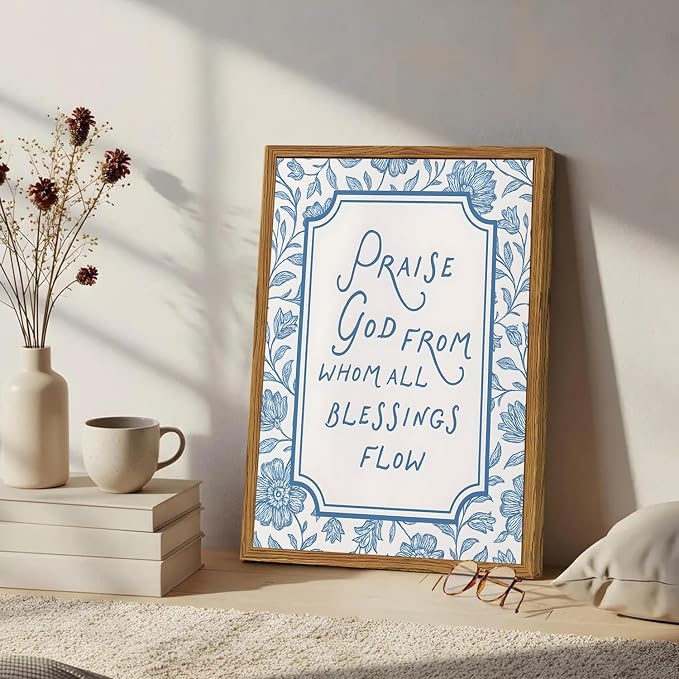 Framed Christian Wall Art, Bible Verse Praise God From Whom All Blessings Flow Pictures Wall Decor, Blue Floral Scripture Paintings Canvas Prints Religious Home Decor for Prayer Living Room 12x16 inch