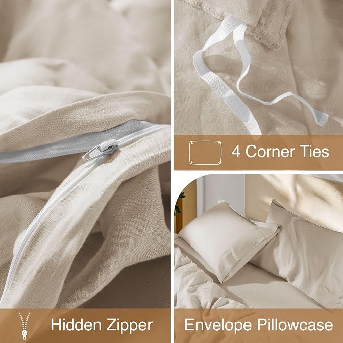SONORO KATE 100% French Linen King Duvet Cover Set,Zipper Closure,3PC | Natural French Flax,Soft Breathable for Hot Sleepers,Moisture Wicking & Durable,4 Corner Ties,Natural Linen