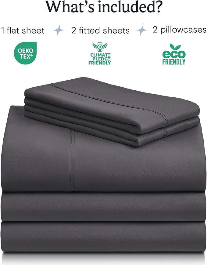 LuxClub 5 PC Split King Sheet Set, Deep Pockets Wrinkle Free Cooling Bed Sheets Hotel Bedding for Women, Men, Includes 2 Fitted Sheet, 1 Flat Sheet and 2 PillowcasesDark Grey | LuxClub Silky Fitted Sheet & Pillowcase Sets, Breathable Hotel Luxury Beddi...