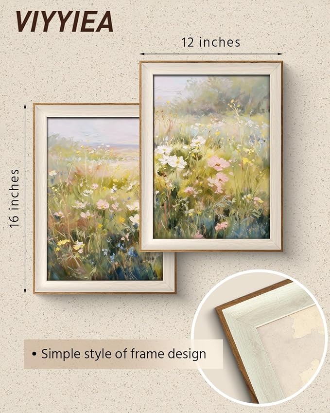 VIYYIEA Framed Canvas Wall Art Set of 2, Rustic Floral Impressionist Oil Painting, Wildflowers Meadow Nature Aesthetic Wall Decor, Living Room Bedroom Bathroom Kitchen, 12×16inch