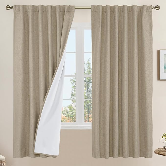 68 Inch 100% Blackout Natural Linen Curtains with White Liner | Linen Textured, Thermal Bedroom Curtains, Farmhouse Boho, Privacy Drapes, Rod Pocket Back Tab, 2 Panels, 52 x 68 Inch, Taupe