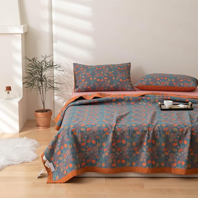 100% Cotton Muslin Blanket Jacquard Rustic Floral Leaves Print Quilt, Soft Bed Cover 3 Layers Reversible Bedspread Coverlet Breathable Lightweight Bedding Twin(59"x94"), No Pillow Sham