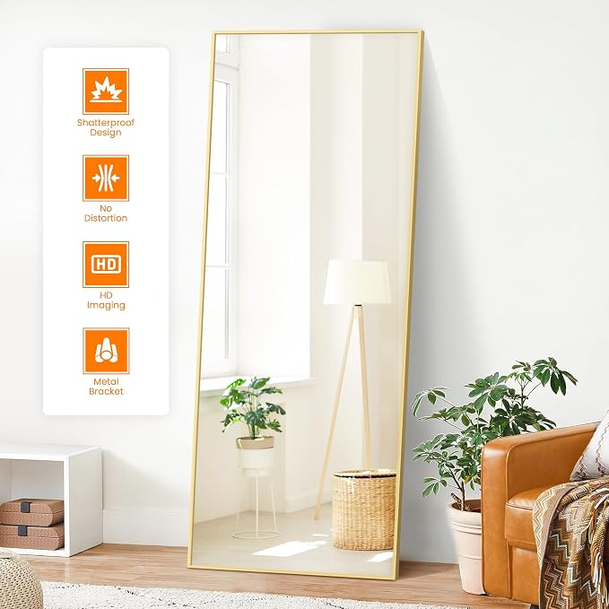 Full Length Floor Mirror 70"x24", Large Standing Body Mirror, Gold | Built-in Stand, HD Shatterproof Glass, Aluminum Alloy Frame, Wall Mounted or Standing, for Bedroom, Living Room and Bathroom