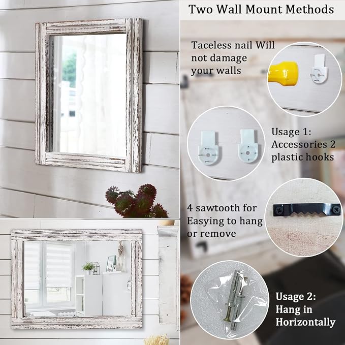 AAZZKANG Rustic Wall Mirror Rectangle Wood Framed Large 20"x16" | Decorative Hanging Mirrors for Bedroom Bathroom Living Room Home Entryway White