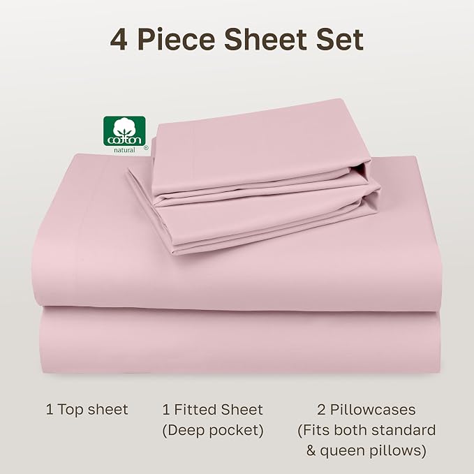 Soft Natural 100% Cotton Sateen Queen Bedsheets, 4 Pc Set, Pink | Backed by Good Housekeeping Seal, Light & Breathable For Hot Sleepers, 14" Deep Pocket, All-Around Elastic, Durable