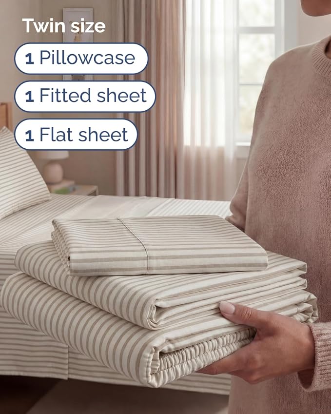 Twin Size 3 Piece Sheet Set - Breathable & Cooling Sheets - Beige Stripes | Hotel Luxury Bed Sheets for Women & Men, Deep Pockets, Easy-Fit, Extra Soft and Wrinkle Free Sheets, Oeko-Tex Bed Sheet Set