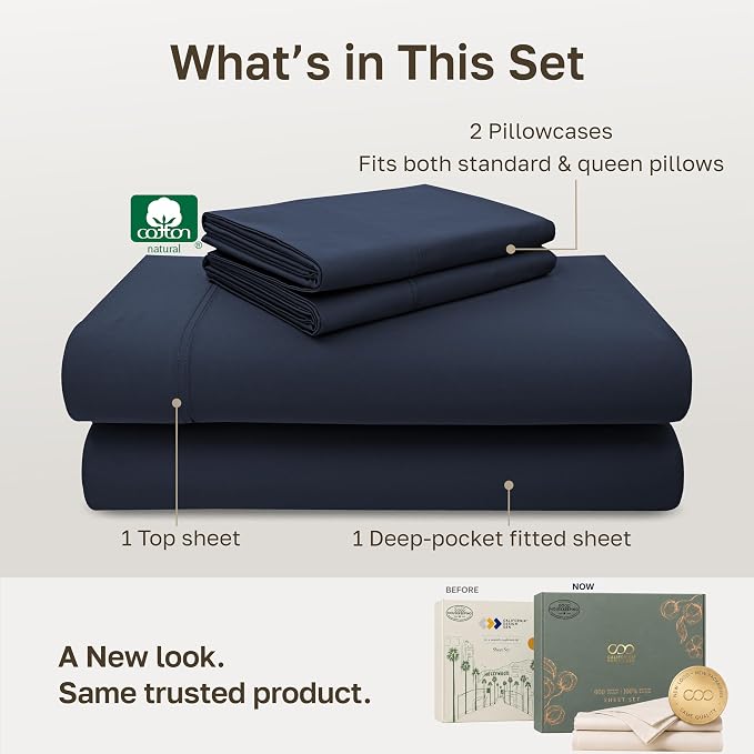 California Design Den Luxury 600 Thread Count Full Size Sheets Set, 4 Pcs | 100% Cotton Sateen Backed by Good Housekeeping Seal, Soft & Smooth, 16" Deep Pocket, Durable, Easy Care - Midnight Blue