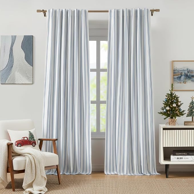 ZJDECOR 90 Inch Blue Striped Full Blackout Curtain Panels for Bedroom | Stripes on White Cotton Blend Light Filtering Fabric with White Liner,Back Tab Rod Pocket Window Treatment,55"Wx90"Lx2