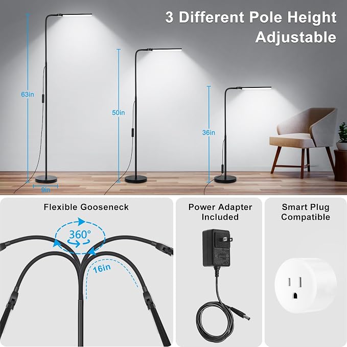 LED Floor Lamp, 18W/2000LM Bright Reading Floor Lamp for Office with Double Head, Adjustable Gooseneck Dimmable Modern Standing Light for Lash Extension Craft, Eye Caring Floor Lamps for Living Room