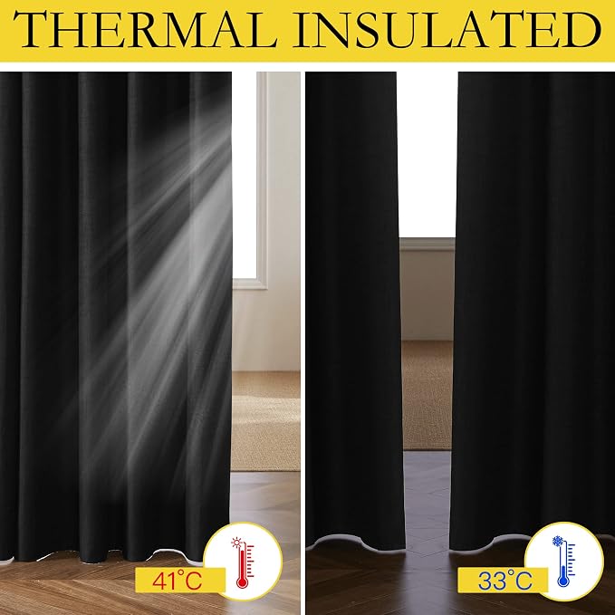 NICETOWN Vintage Rod Pocket 100% Blackout Curtains 84" Long for Dining Room | Flax Thermal Insulated & Soundproof Window Treatment Drapes for Hall Room, Black, 52" Wide Per Panel, Set of 2
