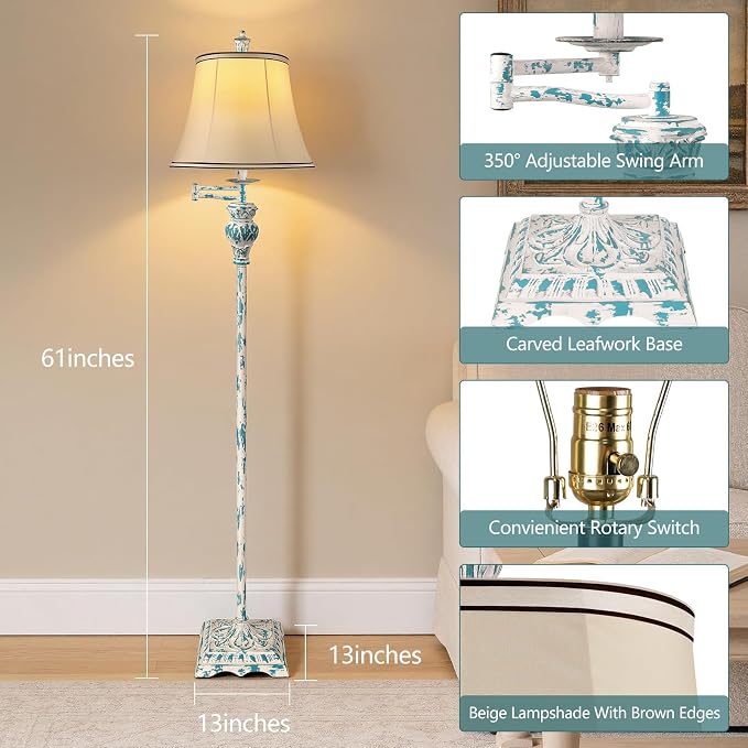 PARTPHONER Vintage Floor Lamps for Living Room,Traditional 350° Adjustable Swing Arm Farmhouse Floor Lamp for Bedroom, Rustic Standing Lamp Pole Lamps for Reading, Home Décor and Office, Washed Blue
