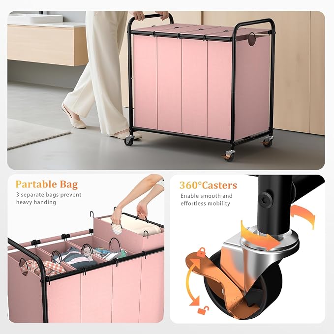 Laundry Sorter 4 Sections 48 Gal, Rolling Laundry Basket with Wheels ＆ Lid | Laundry Hamper, 4 Separated Removable Bags, Lockable Wheels, Dirty Clothes Hamper for Laundry Room Organizer, Pink