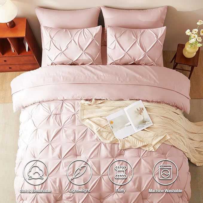HIMEET Queen Comforter Set Peach Pink - 7 Pieces Pintuck Bed in a Bag | OEKO-TEX Certified, 240GSM Down Alternative Comforter, 14" Deep Pocket Fitted Sheet + Flat Sheet + 2 Pillowcases + 2 Shams