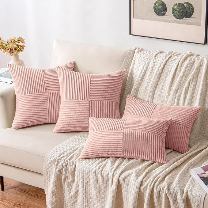 MIULEE Pink Decorative Throw Pillow Covers for Couch 18x18 Inch | 2 Pack, Boho Farmhouse Pillow Covers, Soft Cross Corduroy Patchwork Textured Cushion Cases For Bed Sofa