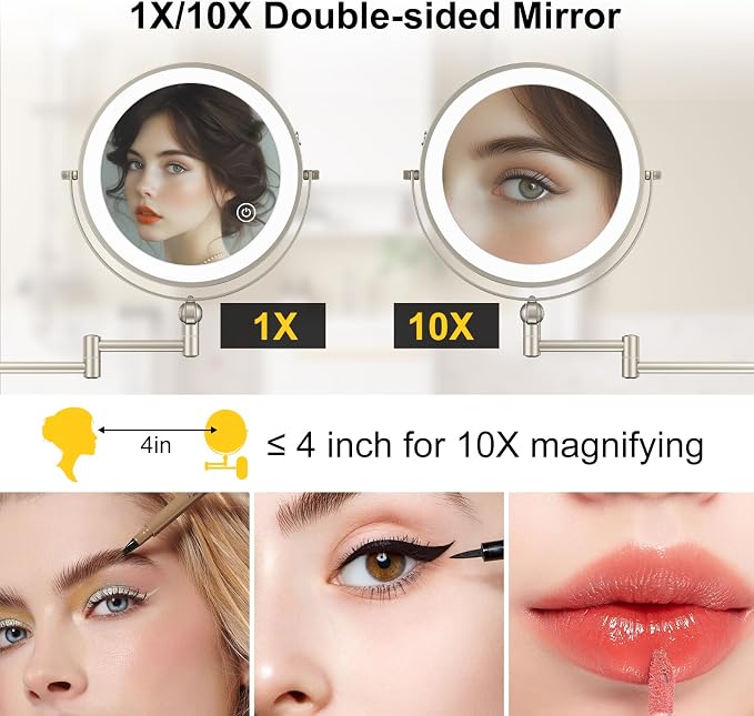 IMIKONA 9" Wall Mounted Lighted Makeup Mirror,4000mAh Rechargeable Double Sided 1X/10X Magnifying Mirror with Light,3 Color Lights,Touch Dimmable,Extended Arm 360 Rotation Wall Mounted Makeup Mirror
