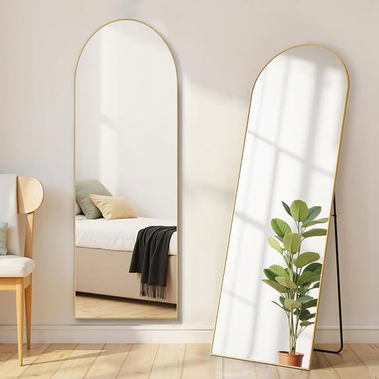 16"x59" Arched Mirror Full Length, Upgraded Body Wall Mirrors | Shatter-Proof Glass, Floor Standing, Hanging or Leaning, Tall Arch Mirror with Stand Aluminum Alloy Frame for Bedroom, Gold