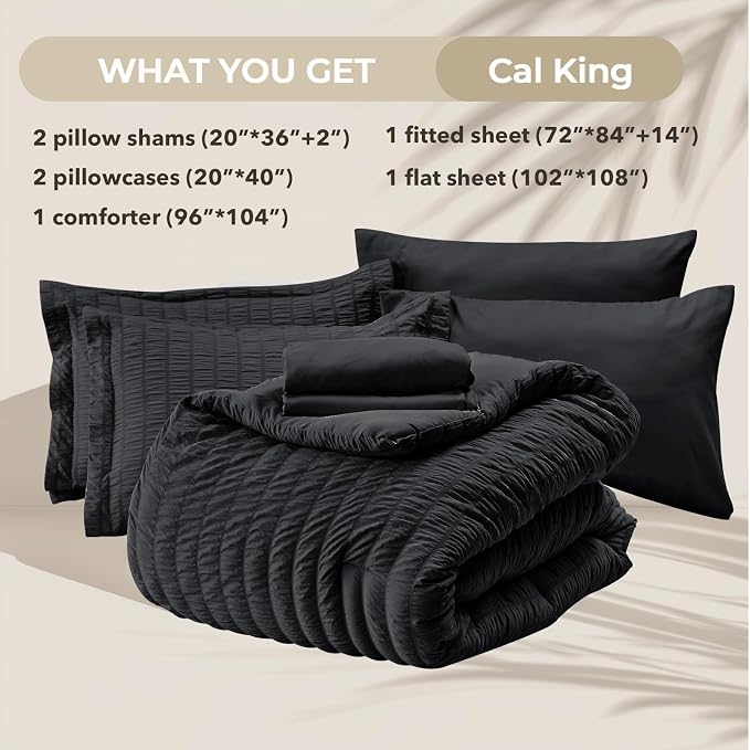 HYMOKEGE Black California King Comforter Set Seersucker 7 Pieces, All Season Luxury Bed in a Bag for Bedroom, Bedding Set with Comforters, Sheets, Pillowcases & Shams