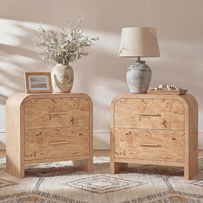 Night Stand Set of 2 [Unique Curved Profile] [FSC-Certified Wooden Board] 2-Drawer Nightstand 24" H Metal Handle Modern Sturdy Bedside Table Side Table End Table | [Curved Profile] [FSC-Certified Wooden Board] Nightstand 24" H Metal Handle Modern Bedsi...