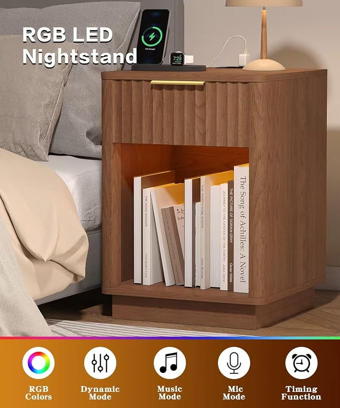 Akxomel Fluted Nightstand Set 2 Bedside Table with Charging Station Walnut | Wooden Side Table with LED Light, Modern Mid Century End Table with Drawer, 15" D x 15.7" W x 22.6" H, for Bedroom