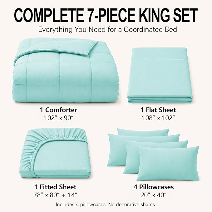 King Size Comforter Set Spa Blue - 7 Pieces Bed in a Bag | OEKO-TEX Certified, All-Season, Bedroom, Guest Room, Down-Alternative Comforter + Flat & Fitted Sheets + 4 Pillowcases