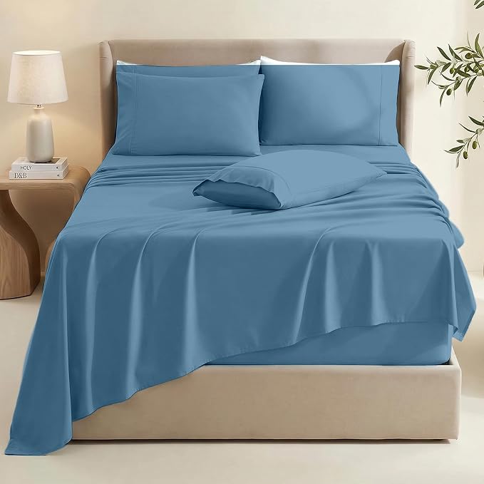 Hearth & Harbor Extra Deep Pocket Sheets - Fits Mattress 18-24 Inches Deep - Extra Deep Pocket California King Size - 6 Piece Cal King Sheets - Cal King, Blue Heaven