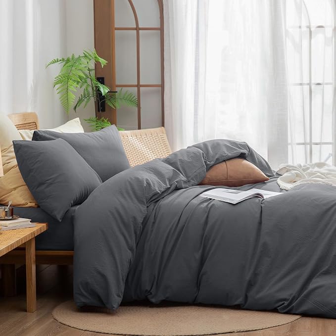 BESTOUCH Cotton Solid Duvet Cover Set Quiet Shade Grey Super King Plus | 100% Washed Cotton, Soft Wrinkle Texture, Hidden Zipper, 8 Ties, Breathable Lightweight Durable Comfy, 3 Pcs No Insert