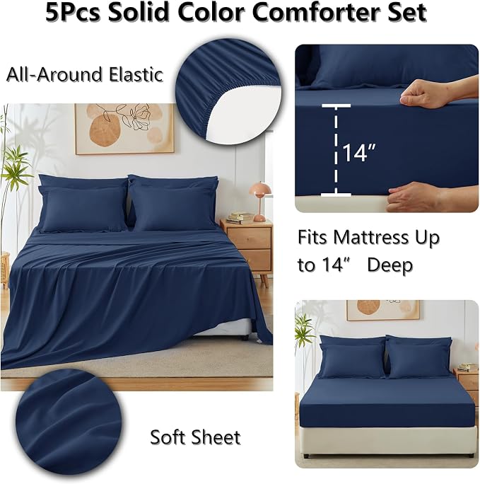 Twin XL Comforter Navy, 5 Pieces Bed in a Bag | College Dorm Essentials, OEKO-TEX Certified, 240GSM Down Alternative Comforter, Flat & Fitted Sheets, Pillowcase & Sham
