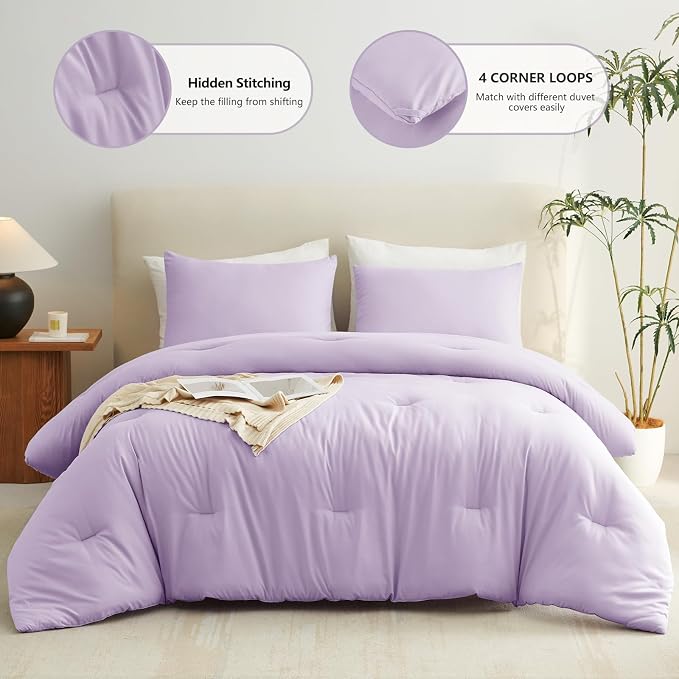Twin Comforter Set, 2 Pieces Down Alternative Bedding, Lavender | 270 GSM Twin XL College Dorm Comforter with 4 Corner Ties Use as a Duvet Insert, OEKO-TEX Certified, 1 Pillowcase, 68 x 88 in