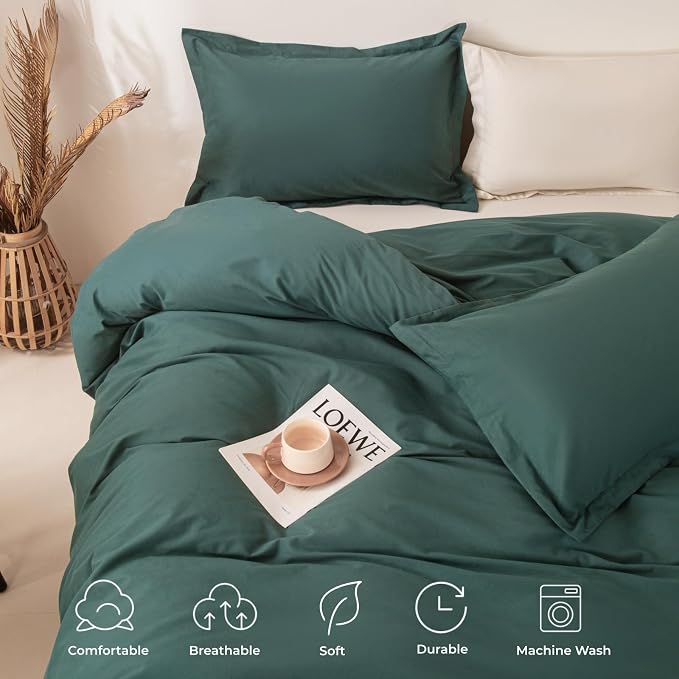 OAITE Duvet Cover Set 100% Washed Cotton Solid 3pcs | Soft,Durable,Long-staple Cotton,Hidden Zipper with 8 Interior Corner Ties,2 Pillowcases