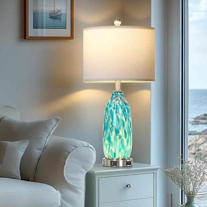 Rinweey 26" Peacock Green Glass Table Lamp for Bedroom Living Room,Coastal Nautical Bedside Lamps with USB Ports & AC Outlet,Touch Lamps with Night Light,Single Peacock Green