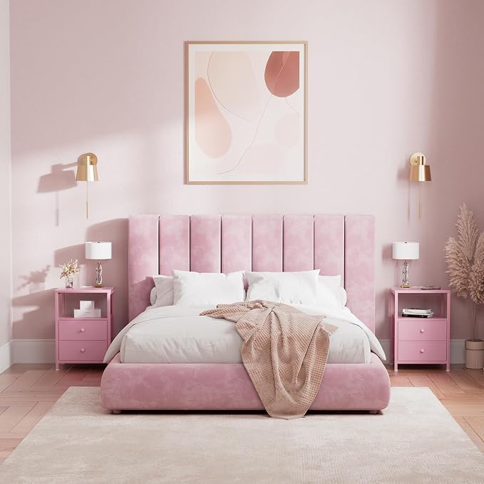 BOLUO Pink Nightstand with Charging Station, LED Night Stand with 2 Fabric Drawers, Bedside Table with USB Ports and Outlets, Nightstand for Bedroom Modern