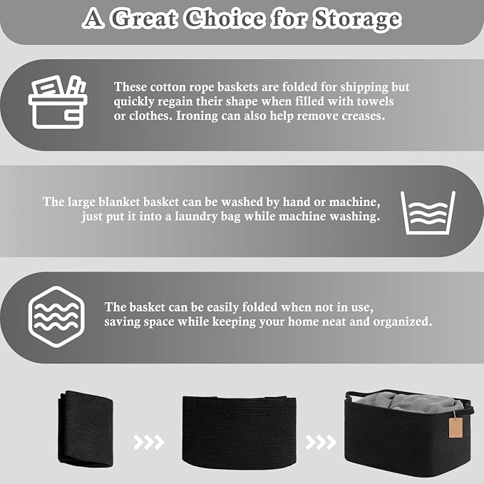 Goodpick 75L Extra Large Woven Rope Blanket Basket, Rectangle, Black | 22" × 17" × 12" Decorative Storage Basket for Pillows, Toys & Clothes, Fits Bedroom & Nursery Organization, Writable Label