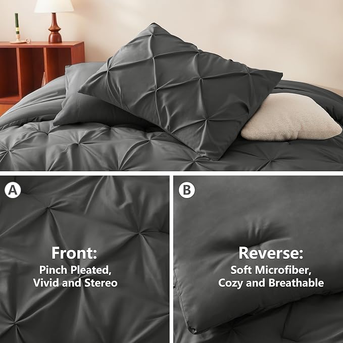 HIMEET Queen Comforter Set Dark Grey - 7 Pieces Pintuck Bed in a Bag | OEKO-TEX Certified, 240GSM Down Alternative Comforter, 14" Deep Pocket Fitted Sheet + Flat Sheet + 2 Pillowcases + 2 Shams