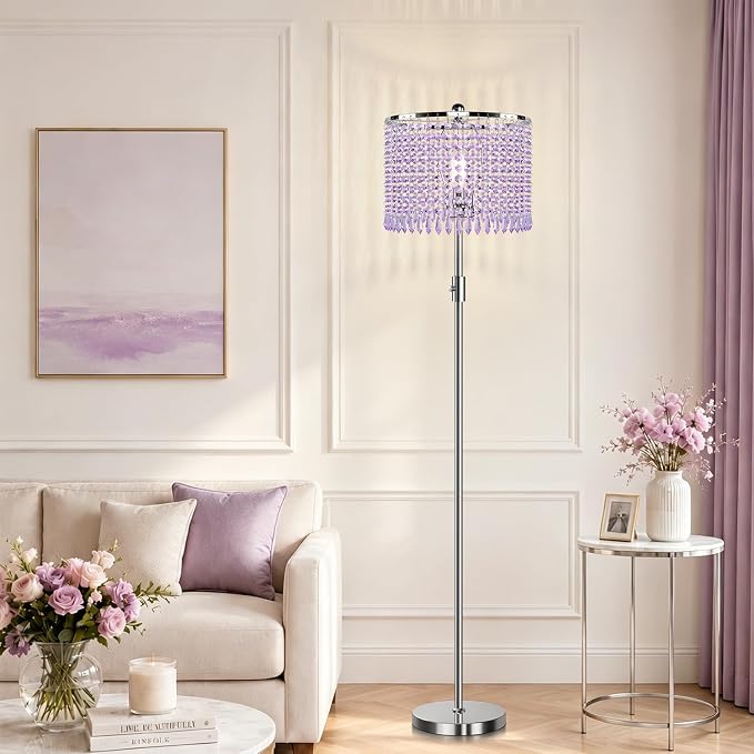 【Upgraded】 Dimmable Crystal Floor Lamps for Living Room with Chandelier Lampshade, Standing Lamp with Knob Switch, Tall Purple Floor Lamp for Bedroom, Dresser, Office