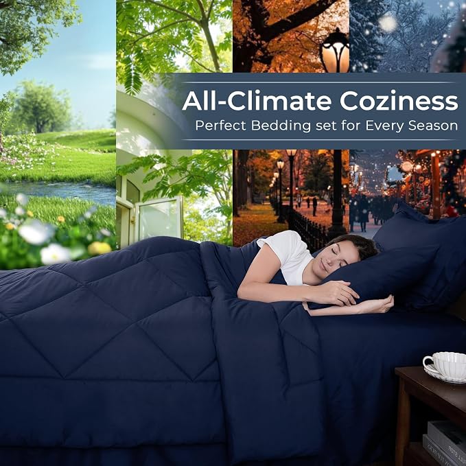7-Piece Oversized King Comforter Set, Navy | Reversible, All-Season, Soft, 7 Piece Set, All-Season Reversible Bed in a Bag, Flat Sheet, Fitted Sheet, Pillowcases