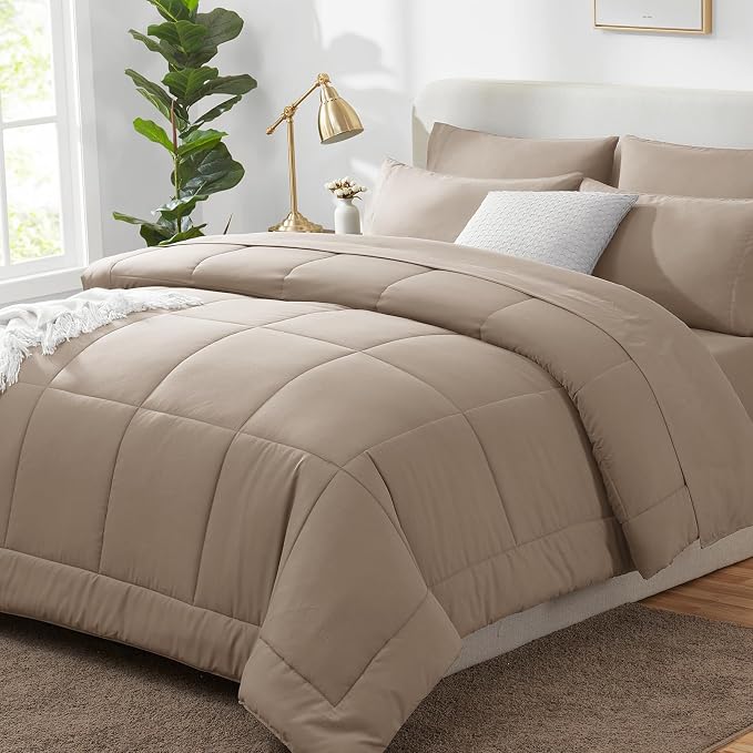 Queen Comforter Set Khaki - 7 Pieces Bed in a Bag | OEKO-TEX Certified, All-Season, Bedroom, Guest Room, Down-Alternative Comforter + Flat & Fitted Sheets + 4 Pillowcases