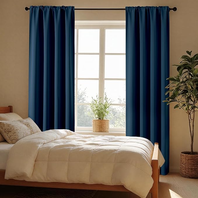 CUCRAF Navy Blue Blackout Curtains 54 inch Length 2 Panels Set, Rod Pocket Room Darkening Drapes for Bedroom Living Room, Insulated Thermal Light Blocking Window Curtain (W52 x L54 Inch)