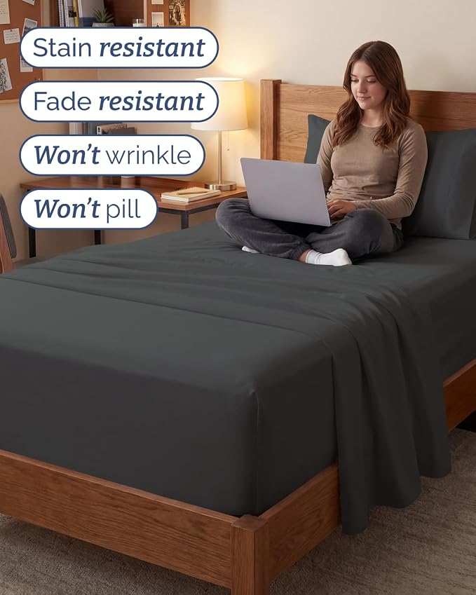 Extra Deep Twin XL Sheet Set - 3 Piece College Dorm Room - Charcoal | Soft, Breathable & Cooling, Easily Fits 18 to 24 inch Mattress, Wrinkle Free & Fade Resistant with Extra Deep Pockets