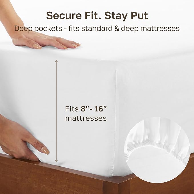 California Design Den Soft 100% Cotton Sateen Full Fitted Sheets, White | 400 Thread Count Backed by Good Housekeeping Seal, 16" Deep Pocket, All-Around Elastic, No-Pop Fit, Durable, OEKO-TEX
